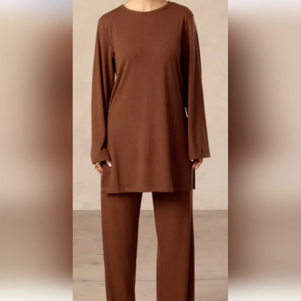 Veiled Collection Hannah Ribbed Tunic & Pants Matching Set - Brown Size L